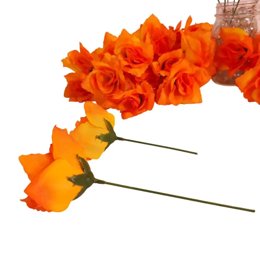 Orange Silk Artificial Rose Flowers Wired Stems Wedding Craft 2.5